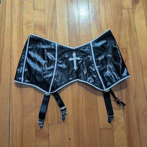 Fetish Lip Service black& white cross vinyl Garter Belt, Sexy Nun - WORNED OUT